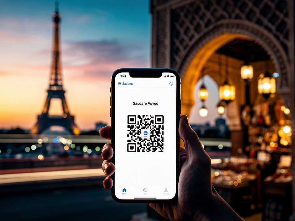 :* A smartphone displaying a QR code payment screen against a blended backdrop of the Eiffel Tower and an Arabian souk, symbolizing UPI's expansion beyond India.