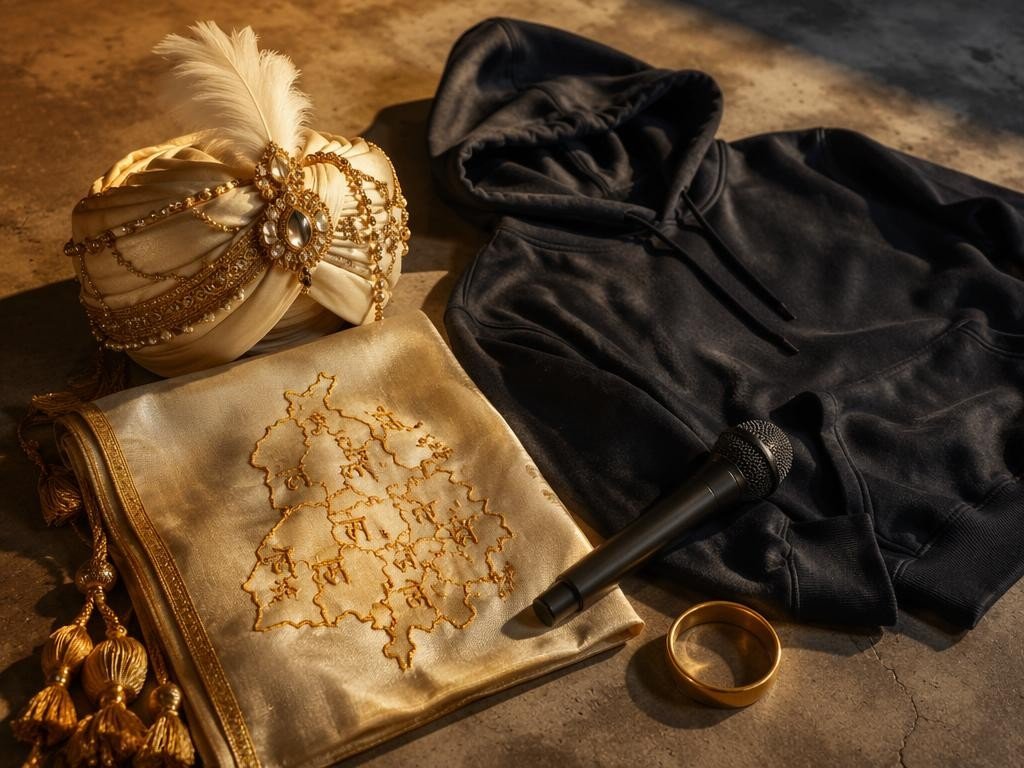 A richly jewelled ivory-and-gold turban with a feather plume resting beside a folded cape embroidered with a Gurmukhi-script map of Punjab, laid alongside a plain charcoal streetwear hoodie and a single gold kara on a warm concrete studio surface. Editorial fashion still-life photography, dramatic raking side light, amber-gold highlights against cool charcoal shadows, 16:9 aspect ratio, wide horizontal composition, no embedded text or logos.