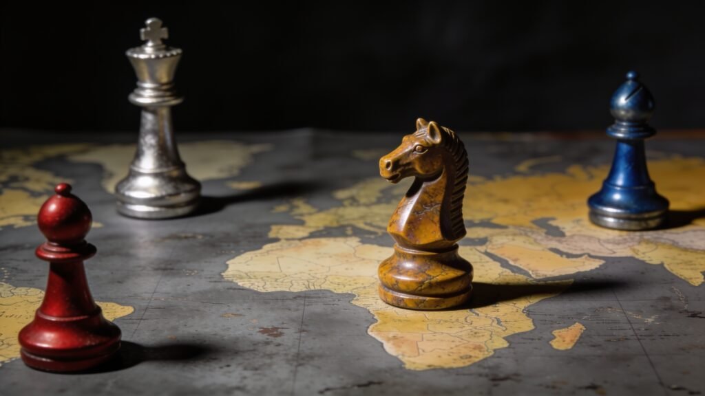 A saffron chess knight standing alone and central among three larger surrounding pieces on a world map, symbolizing India's strategic autonomy in a multipolar world order.