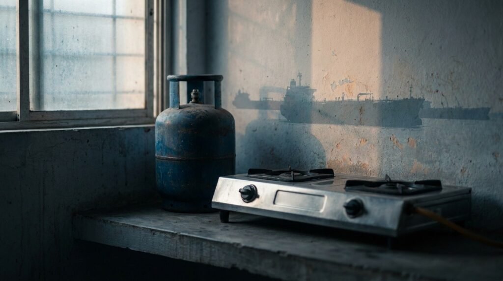 A blue Indian cooking-gas cylinder next to a cold, unlit stove, with tankers in a distant strait faintly overlaid, symbolizing India's LPG dependence on the Strait of Hormuz.