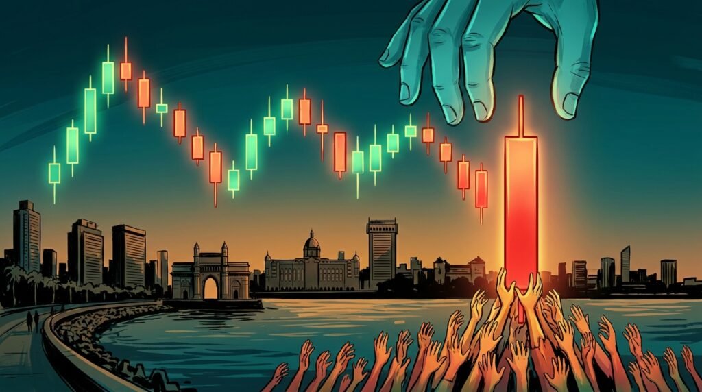 A falling stock-market candlestick chart over a Mumbai skyline being propped up by many small hands as a few large hands release it, symbolizing domestic investors absorbing foreign selling.