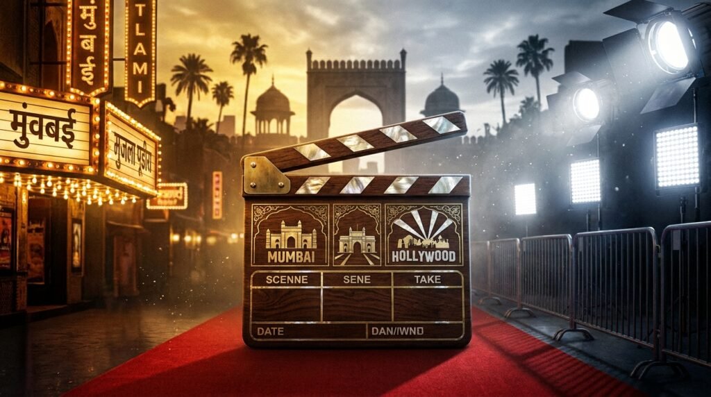 A film clapperboard on a red carpet lit by both warm Mumbai studio light and cool Hollywood premiere light, symbolizing the growing Bollywood-Hollywood crossover.