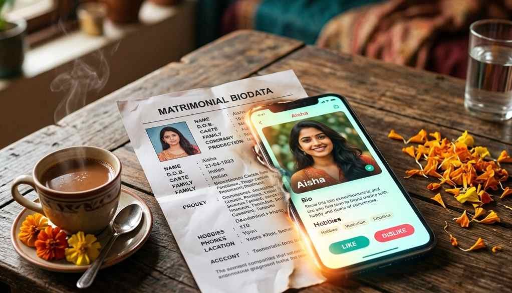 A traditional paper matrimonial biodata dissolving into a smartphone dating profile beside a cup of chai and marigold petals, symbolizing the modern arranged marriage.
