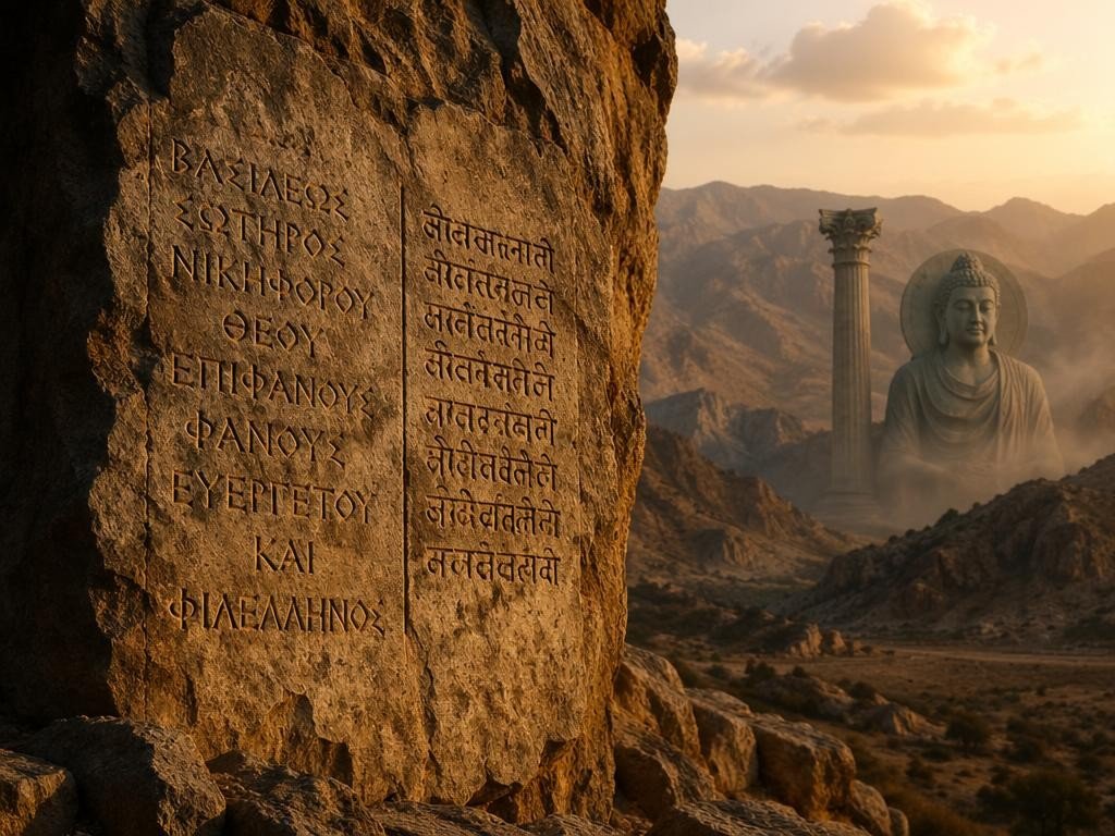 An ancient carved rock inscription in Greek and Brahmi script beside a Gandharan Buddha statue, symbolizing the Hellenistic legacy in ancient India.