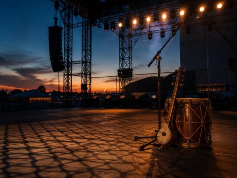An empty Punjabi concert stage at dusk with a security fence's shadow falling across the floor, evoking the industry's undercurrent of gang threats.