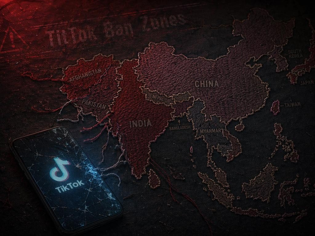 A cracked phone screen glowing over an embroidered map of Asia with threads cut near India and Afghanistan, symbolizing the region's patchwork of TikTok bans.