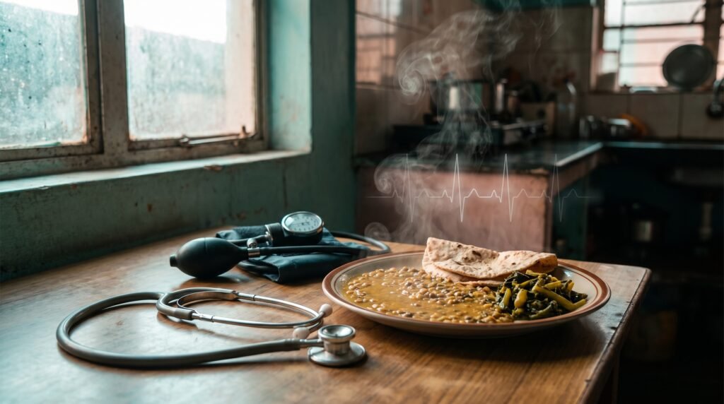 A stethoscope and blood pressure cuff next to a home-cooked South Asian meal, symbolizing the gap between healthy habits and hidden cardiovascular risk.