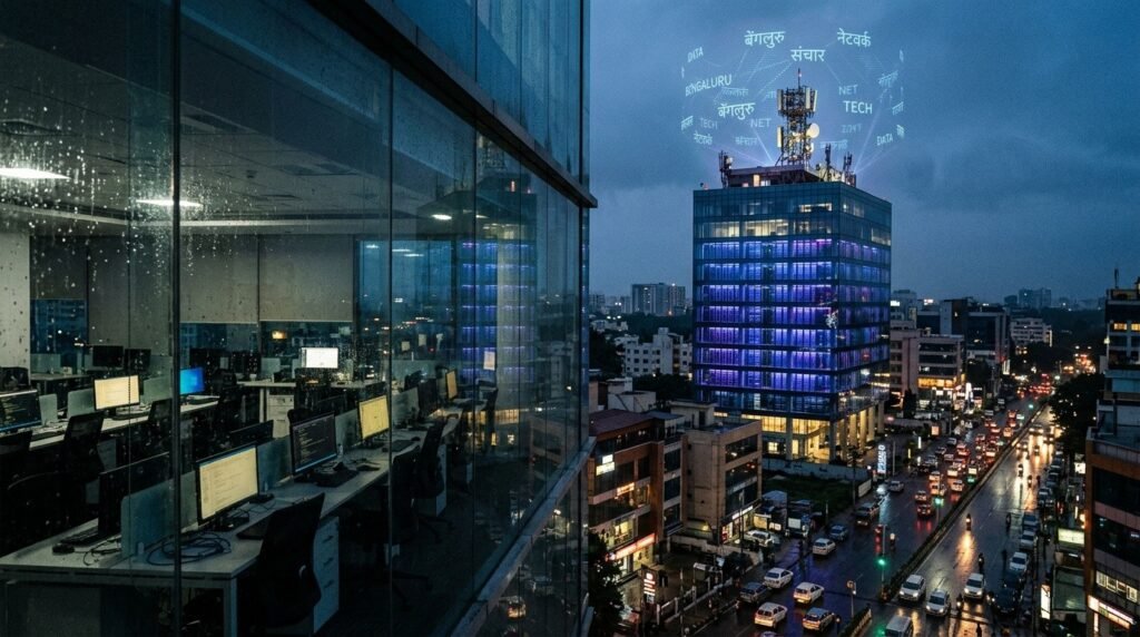 A darkened Bengaluru office tower with empty desks beside a glowing server building, symbolizing India's shift from outsourcing offices to sovereign AI infrastructure.