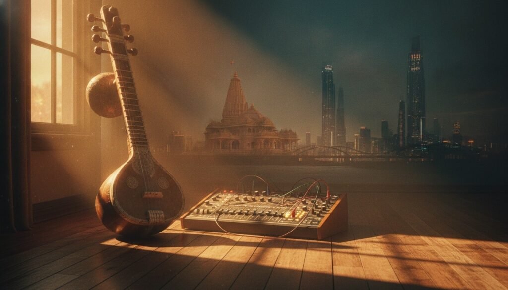 A sitar and a synthesizer side by side, symbolizing the evolution of Indian music from classical tradition to modern global fusion.