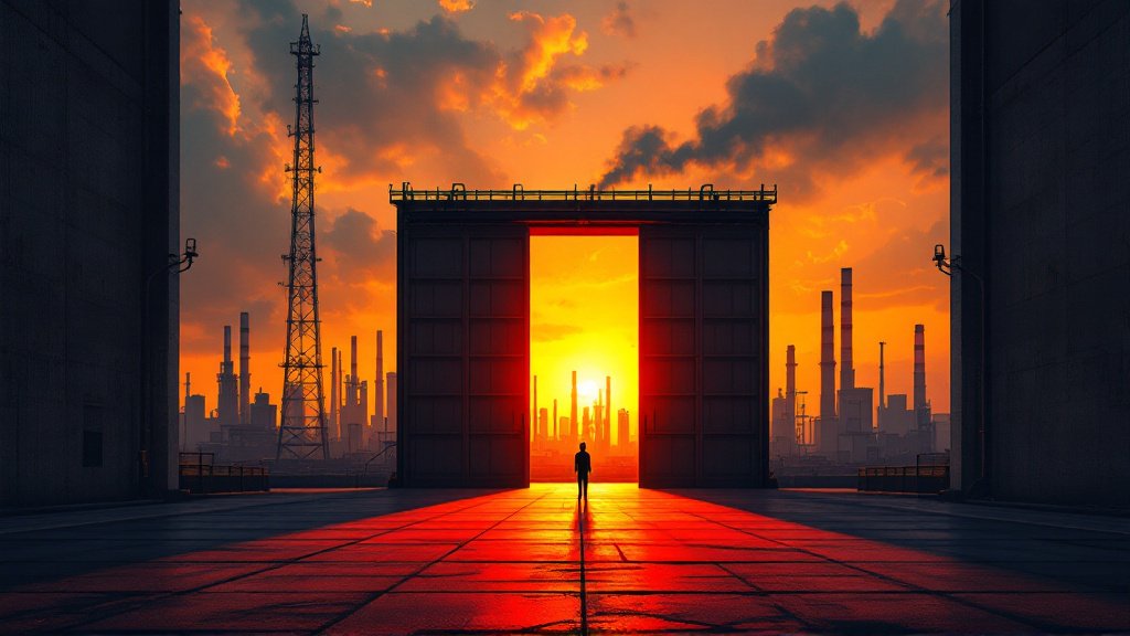 A partially open factory gate with warm light spilling through and a shadow stretching from outside the frame, symbolizing India's calibrated, partial reopening to Chinese investment.