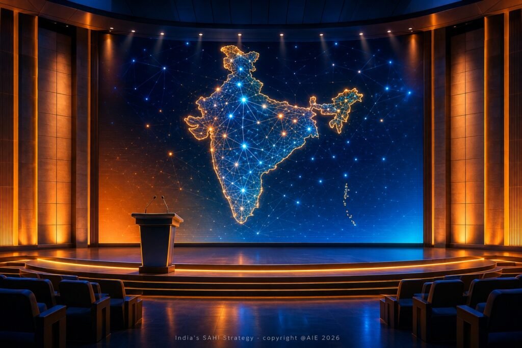 A glowing digital map of India made of connected data nodes projected on a stage, symbolizing India's national AI healthcare strategy, SAHI.