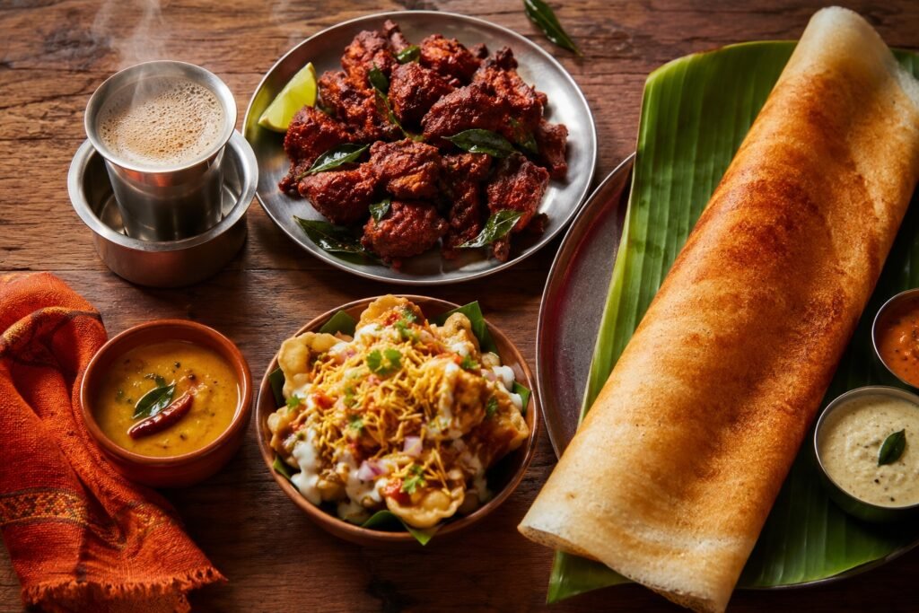 An overhead spread of filter coffee, Chicken 65, dosa, and chaat, representing the regional Indian dishes gaining popularity across the US.