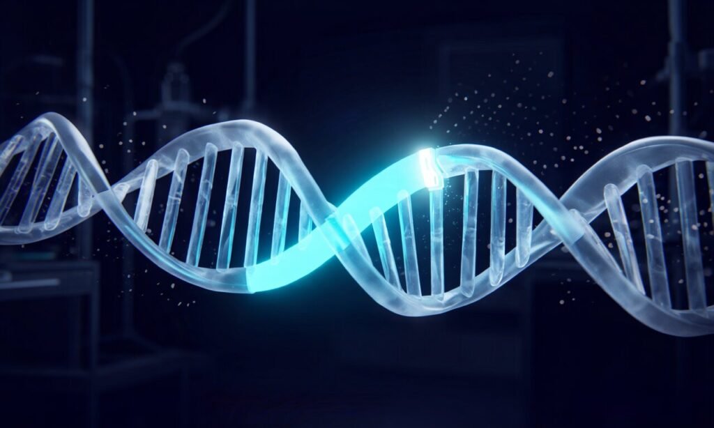 A glowing DNA double helix with one segment illuminated like a switch turning on, representing AI's discovery of the genetic initiator sequence.