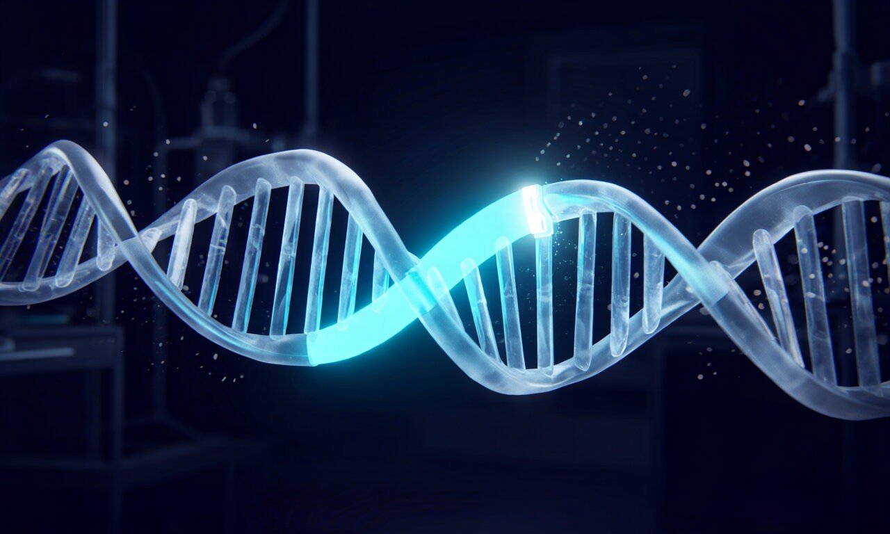A glowing DNA double helix with one segment illuminated like a switch turning on, representing AI's discovery of the genetic initiator sequence.