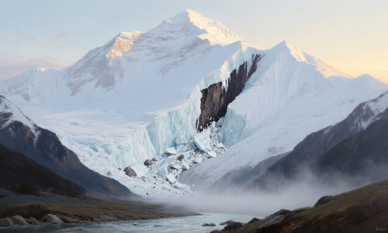 A Himalayan peak with a visible scar where a glacier collapsed, sending debris cascading into the valley below, illustrating the Nepal-Tibet disaster.