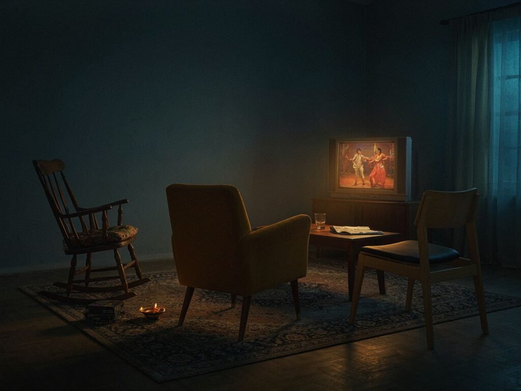 Three empty chairs from different eras facing a glowing television, symbolizing generations of the South Asian diaspora watching Bollywood together.