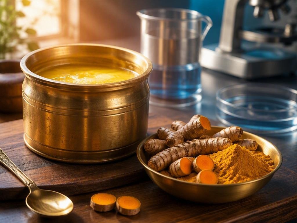 A brass bowl of turmeric and a jar of ghee on a kitchen counter, with a lab beaker softly blurred in the background, representing the meeting of traditional kitchen staples and modern nutrition science.