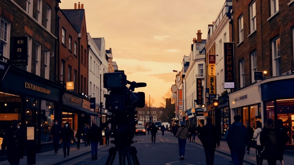 A double-exposure image blending a London high street with a television studio, representing the growth of British Asian communities and their rising cultural visibility.