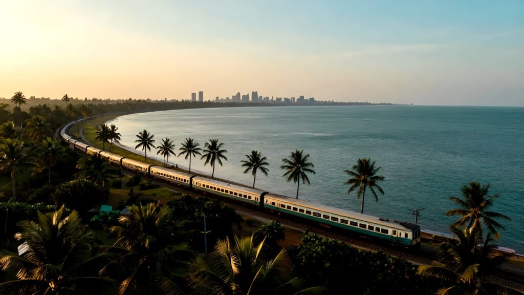 A coastal train along Sri Lanka's shoreline at golden hour, with a distant hazy skyline visible across the water.