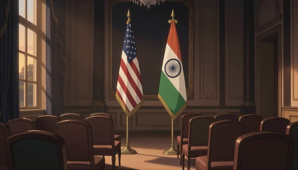 American and Indian flags in an empty diplomatic reception hall, symbolizing the formal effort to steady US-India relations.