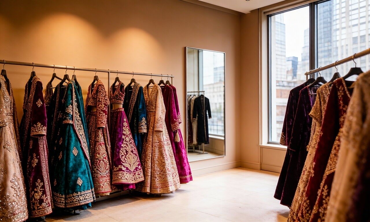 An elegant South Asian bridal-wear boutique interior with racks of embroidered lehengas, evoking a diaspora designer fashion showroom.