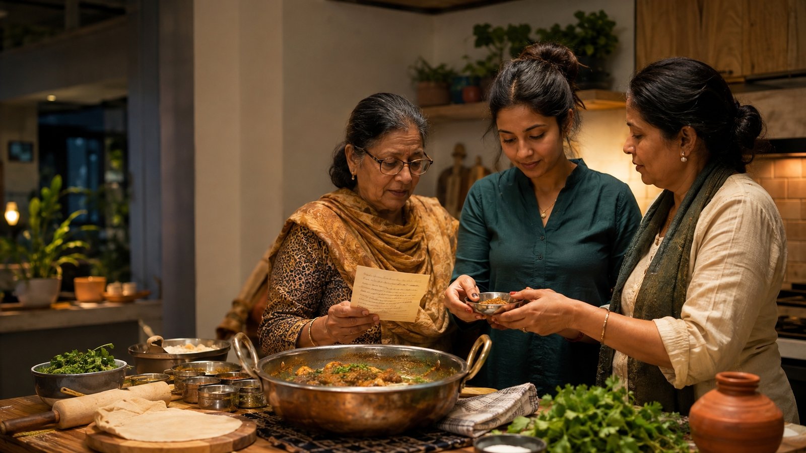 A multigenerational South Asian diaspora family sharing a handwritten recipe while preparing food together.