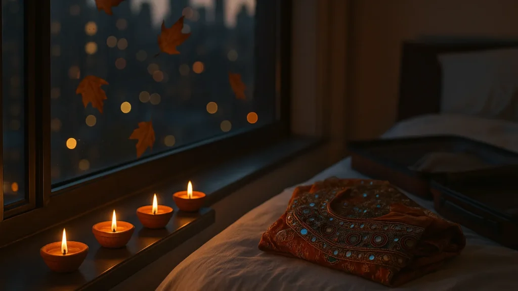Lit diyas on an apartment windowsill at dusk with a half-packed suitcase behind, evoking a diaspora family planning for Diwali 2026.