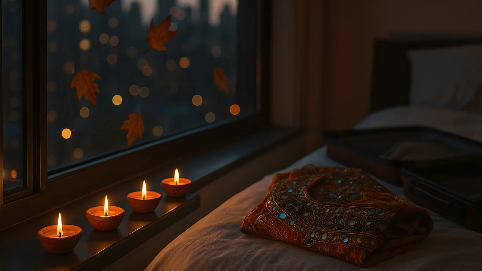 Lit diyas on an apartment windowsill at dusk with a half-packed suitcase behind, evoking a diaspora family planning for Diwali 2026.