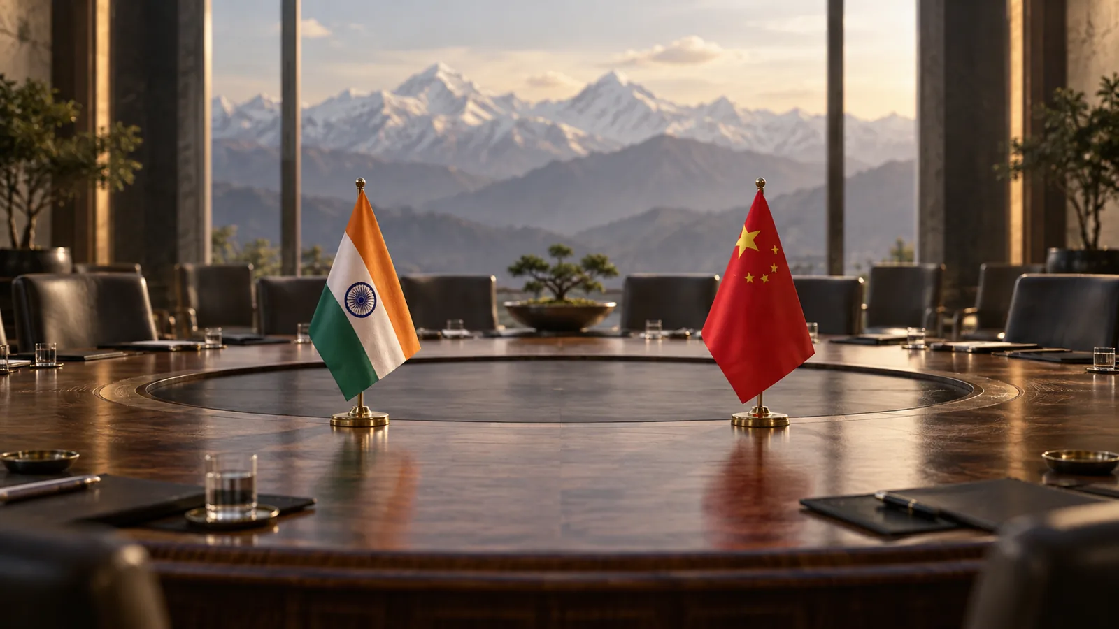 Conceptual editorial illustration of Indian and Chinese flags across a conference table, with mountains beyond the windows.
