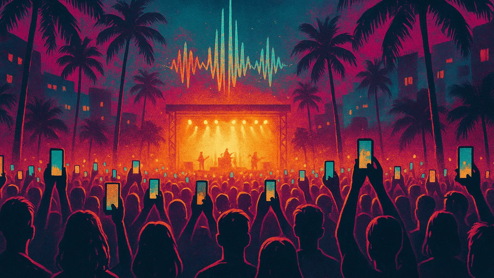 A crowd holding up glowing phones at a night concert in a tropical city, illustrating the rise of Southeast Asian pop over K-pop.