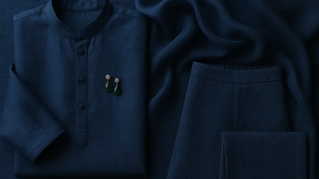 A flat-lay of indigo silk, organza and brocade Indian garments with emerald earrings, showing tonal dressing in one colour family.