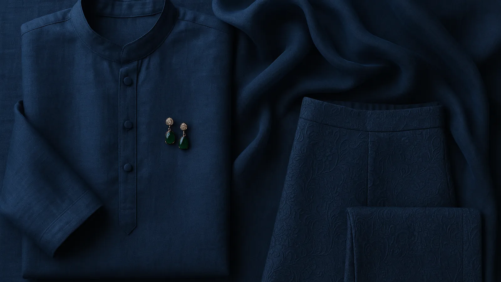 A flat-lay of indigo silk, organza and brocade Indian garments with emerald earrings, showing tonal dressing in one colour family.