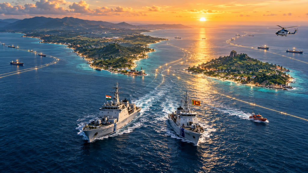 India and Sri Lanka maritime patrol vessels cooperating in the Indian Ocean at sunrise