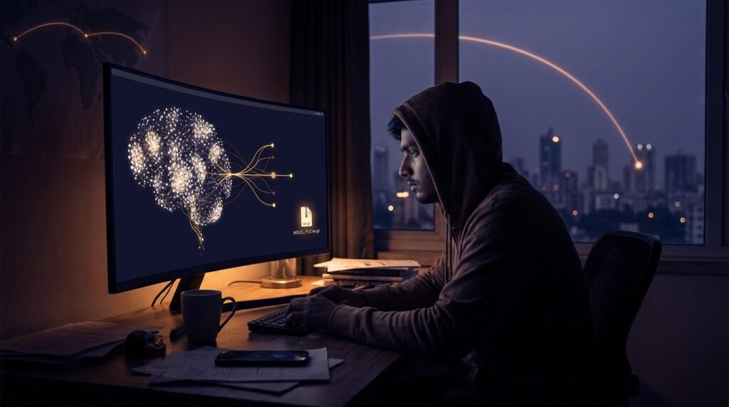 An Indian developer's night-time desk with a monitor showing a glowing mixture-of-experts network and a downloaded model file, a faint light-line connecting East Asia to South Asia, symbolizing India adopting the Chinese open-weight model Kimi K3.