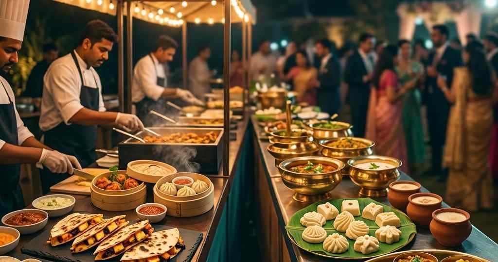 A wedding food counter split between modern Indian fusion dishes like butter chicken tacos and a traditional brass-and-banana-leaf regional spread of Bengali and Rajasthani food.
