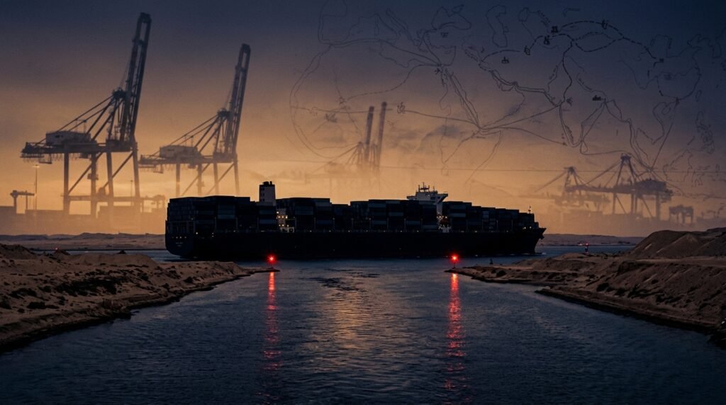 A container ship passing through a narrow sea strait at dusk, overlaid with a faint South Asian port and trade-route map, symbolizing global supply chains rerouting after the Iran wa