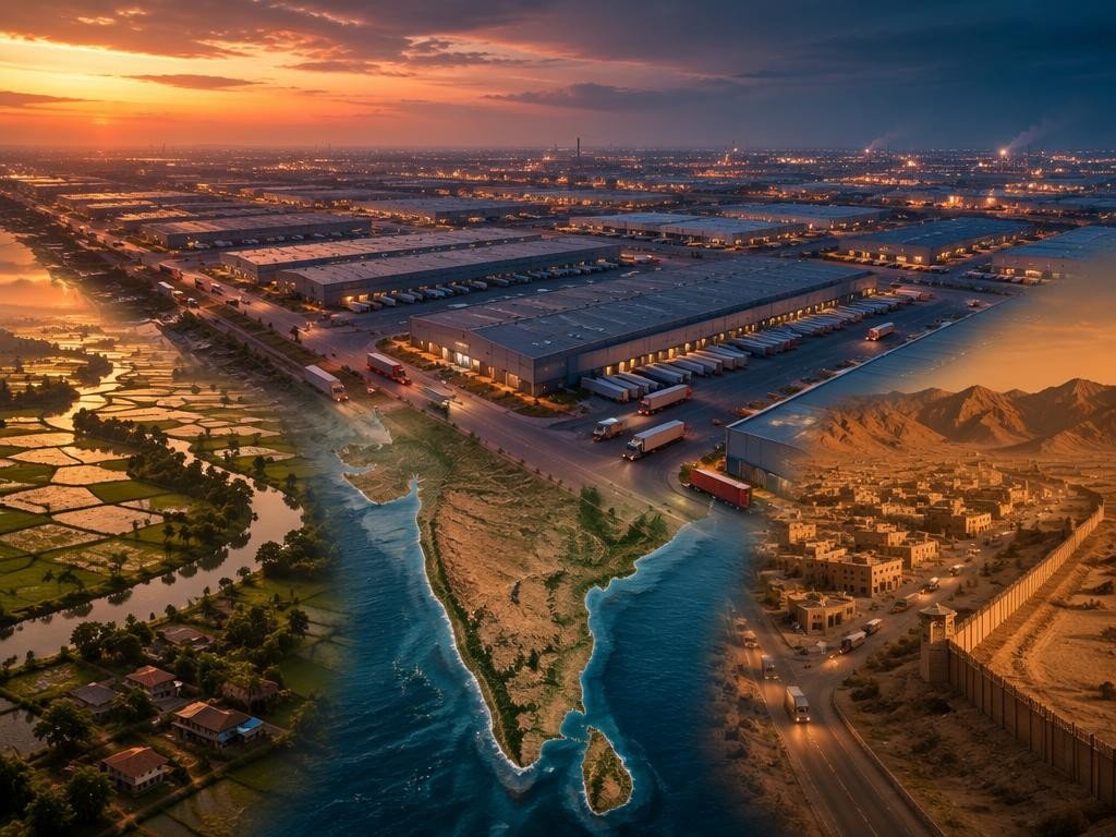 An illustrated aerial view of industrial factory parks at dusk, representing the manufacturing shift toward Vietnam, India, and Mexico.